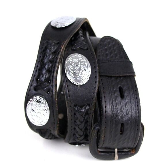 Mexico TOOLED BLACK GENUINE LEATHER 1.5"Wd CASUAL DRESS CONCHO BELT Sz 42 (A51 - Picture 1 of 12